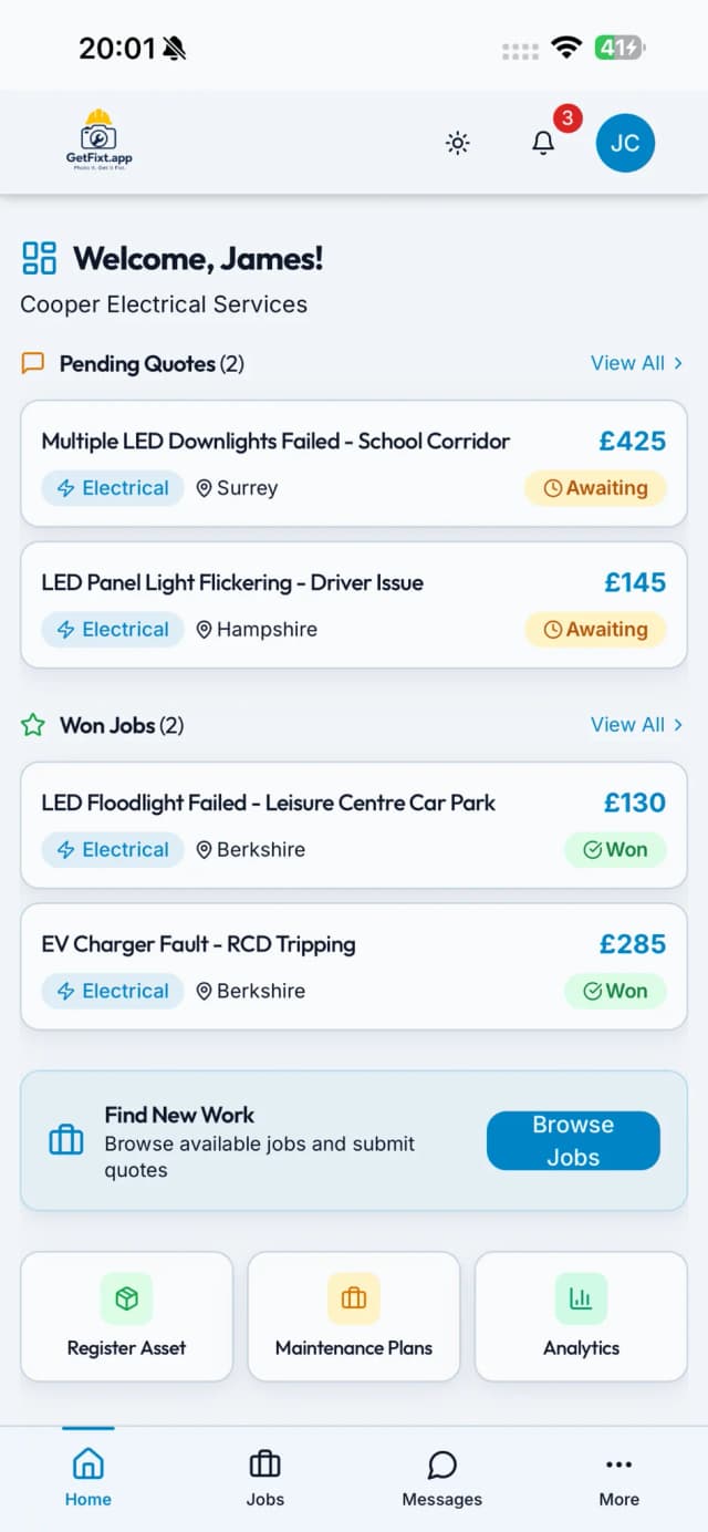 Dashboard — won, pending & booked jobs