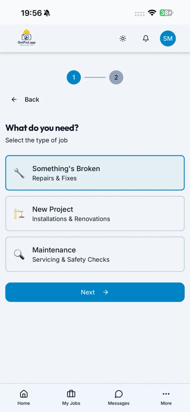 Choose Fix, Maintain, or New Project