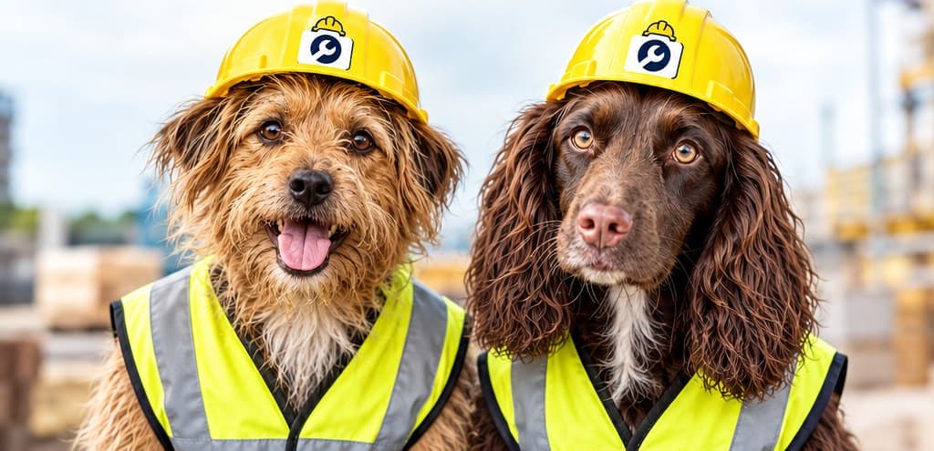 Two dogs in hard hats and hi-vis on a building site